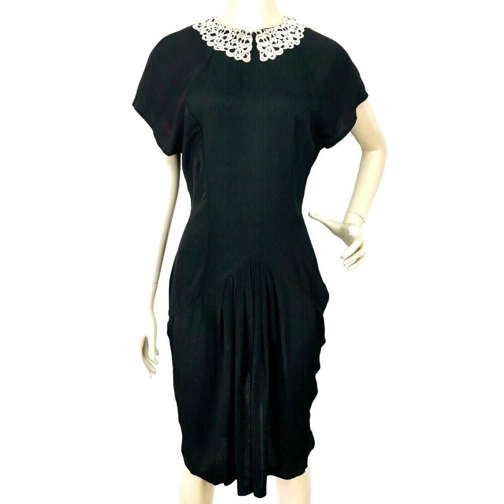 VTG 80s Phoebe Black Victorian Gothic Crochet Collar Ruched Gathered Waist Dress